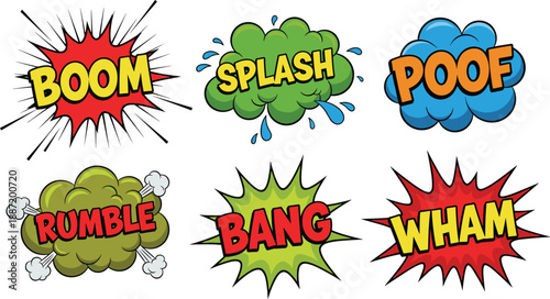 Comic book sound effect words boom splash poof rumble bang wham, colorful pop art explosion bubbles for action text and cartoon design illustration