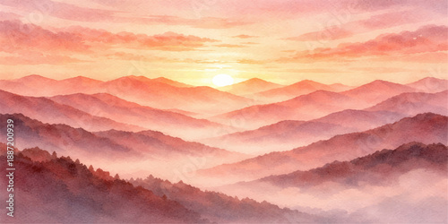 A beautiful orange sunrise and sunset landscape over mountain peaks under a vibrant summer sky with red and yellow clouds at morning and evening dusk