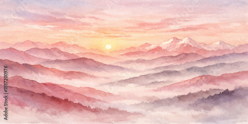 A vibrant landscape of the orange sun rising over blue mountains under a red sky filled with summer clouds at morning and evening dusk