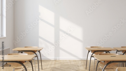 Bright Classroom With Empty Desks and Sunlight Shining on the Wall