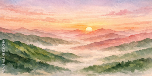 A beautiful orange sunlight glows over the mountain landscape as a red dawn mist fills the valley at sunrise, creating a breathtaking nature view of the sky during dusk and morning