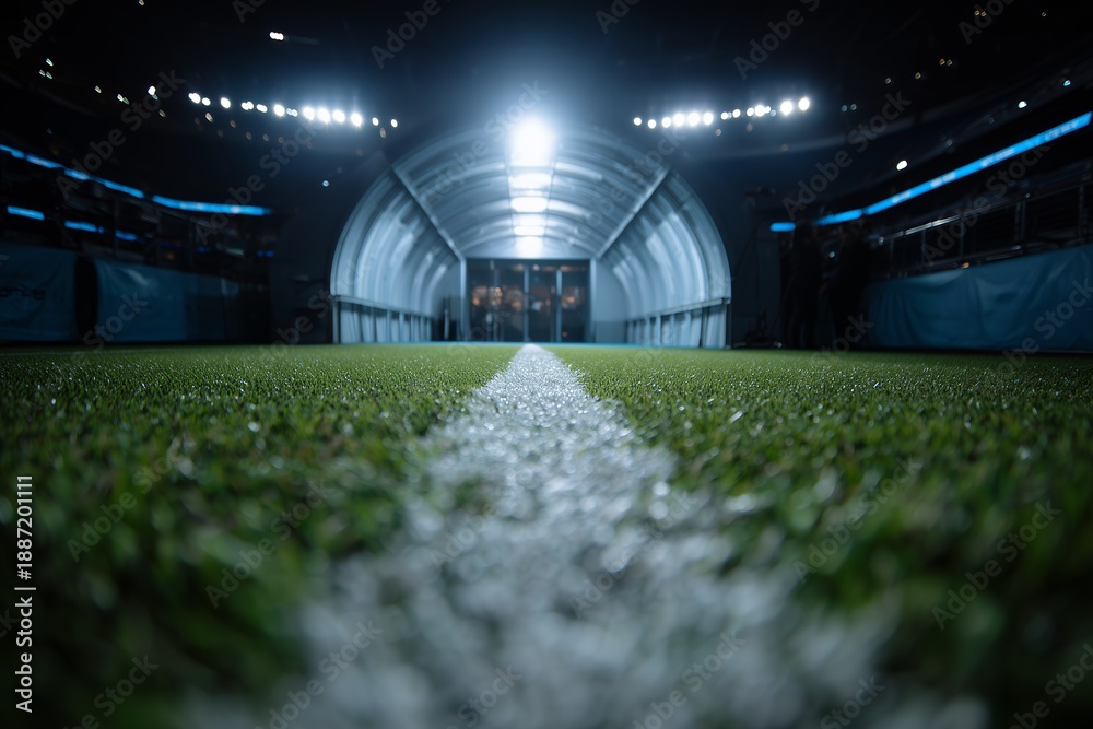 Fototapeta premium Dramatic low angle shot of artificial turf and white centerline leading into a brightly illuminated stadium player tunnel, concept for sports marketing, athletic motivation and event promotion