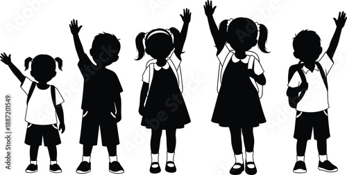 Silhouettes of school children raising hands together, happy kids illustration representing education, learning participation, childhood friendship, classroom activity, and positive early 