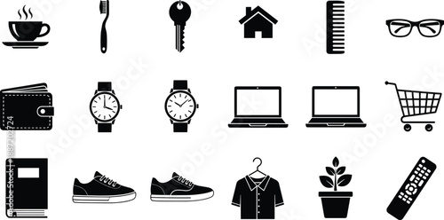 Everyday lifestyle and shopping icon silhouettes set with household items, clothing, electronics and accessories, modern daily essentials in clean black vector style isolated on white background