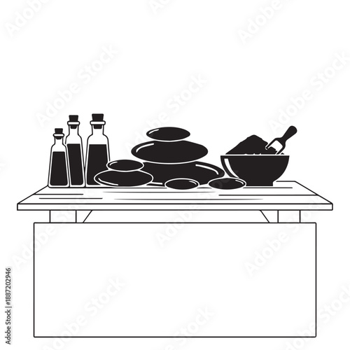 Vector illustration of kitchen table with cookware and condiments