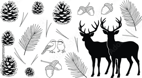 Forest wildlife silhouette set with deer, pine cones, acorns, birds, and pine branches, natural woodland illustration representing autumn, nature, and rustic outdoor theme