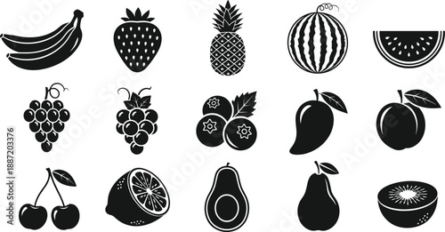 Fruit silhouette icon set with banana, strawberry, pineapple, watermelon, grapes, citrus, avocado, pear, and berries, healthy food illustration for nutrition and design