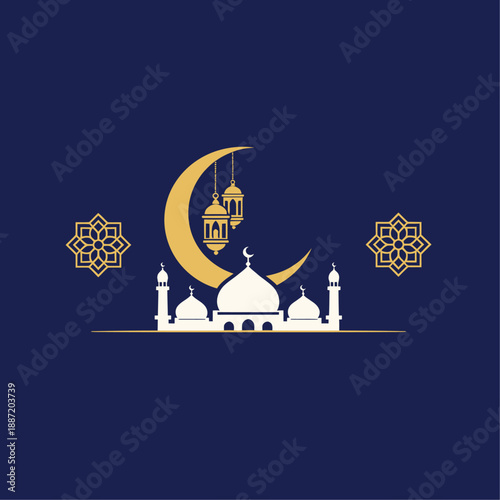 Elegant islamic design with mosque, crescent moon, and lanterns for ramadan and eid celebrations