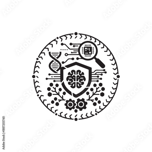 Vector illustration of security shield with science and technology icons