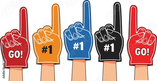 Colorful foam fingers with number one and go slogans cheering sports cheering