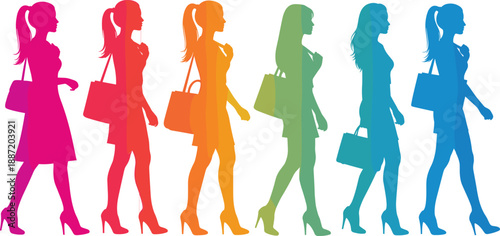 Colorful silhouettes of women walking with handbags and heels