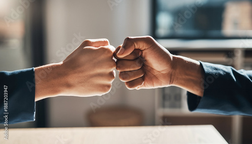 Two diverse hands bumping fists in a gesture of unity and partnership, representing teamwork and collaboration in a professional setting