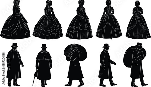 Victorian era people silhouettes collection with elegant women in dresses and men in coats and hats, historical 19th century fashion characters in detailed black vector style isolated 