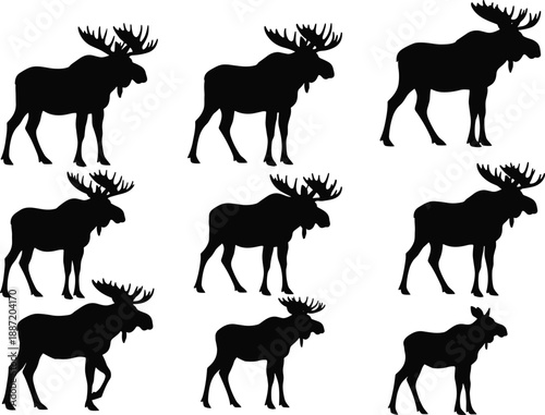 Nine black silhouette moose in various poses on a white background