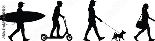 Urban lifestyle silhouettes of people walking, surfing, riding electric scooter, dog walking, and strolling, representing everyday city life, leisure, and modern mobility