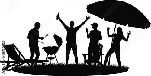Silhouette of people having a barbecue party with grill and outdoor furniture black