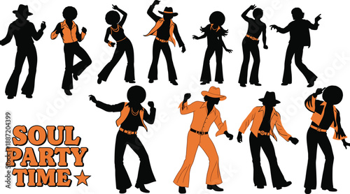 Silhouettes of people dancing in 1970s style clothing disco soul party
