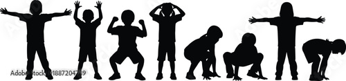 Silhouettes of children in playful poses and movements, active kids illustration expressing energy, fun, growth, freedom, physical activity, and joyful childhood lifestyle concept