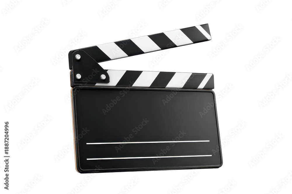 Fototapeta premium A film clapperboard with a striped hinged top, blank slate area, visible hinge screws and a matte board texture with clean edges isolated on transparent background.