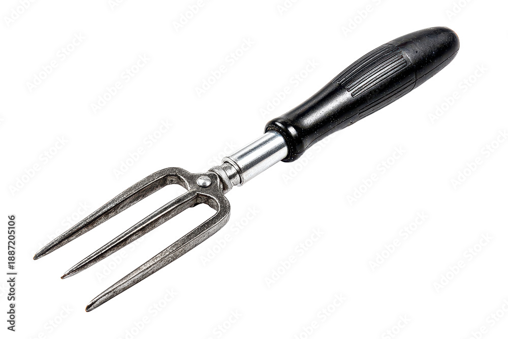 Obraz premium A compact hand cultivator rake with three metal prongs showing slight wear, ergonomic handle grip texture and clean tool contours isolated on transparent background.