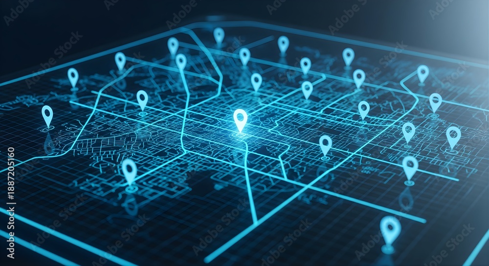 Obraz premium Digital city map interface with glowing blue grid lines and location pin markers representing smart urban planning global logistics navigation systems and geographical information tracking networks