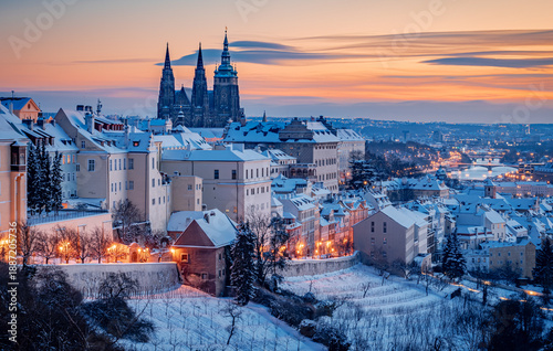 city, architecture, church, czech, night, view, sunset, europe, travel, skyline, cityscape, snow, building, prague, landmark, sky, landscape, tower, winter, cathedral, old, castle, charles, tourism