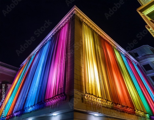 colorful curtains glow in the dark reflecting life within the building and sparking intrigue about the occupants