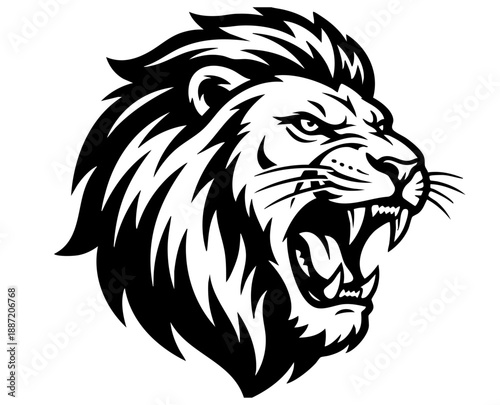 Intricate black and white graphic illustration of a roaring lion head showing its sharp teeth and thick mane against a stark white background.