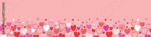 Background with hand drawn flying hearts. Banner design in cartoon style. Doodles. Concept for Valentine’s Day, Mother’s Day and Women’s Day. Vector illustration
