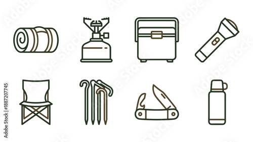 Set of 8 Camping Gear Icons with Rolled Sleeping Bag, Portable Gas Stove, Cooler Box, Flashlight, Folding Chair, Tent Stakes, Multi-tool Pocket Knife, and Insulated Thermos for Outdoor Adventure.