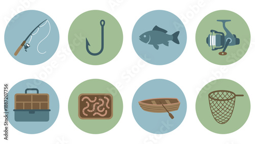 Set of 8 Flat Vector Fishing Icons Featuring a Fishing Rod, Hook, Fish, Spinning Reel, Tackle Box, Bait Worms, Rowboat, and Landing Net for Outdoor Sport, Hobby, and Leisure Activity Graphic Design