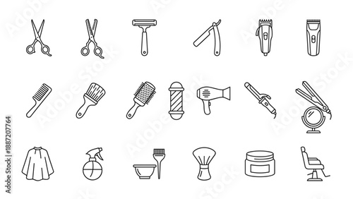 Professional Hair Salon and Barber Shop Icon Set with 20 Minimalist Thin Line Vector Symbols including Scissors, Clippers, Combs, Hair Dryer, Straight Razor, Barber Chair, and Styling Tools.