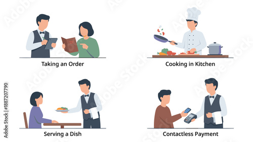 Professional Restaurant Service Workflow Vector Illustration Set Featuring Scenes of Taking an Order, Chef Cooking in Kitchen, Serving a Dish, and Contactless Mobile Payment with POS Terminal.