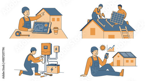 Professional solar energy installation process vector illustration set featuring planning, roof panel mounting, electrical wiring of battery and inverter, and mobile app energy monitoring.