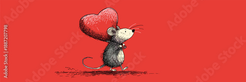Cartoon gray rat running with a large red heart on a solid red background. Cute gray rat carrying red heart running