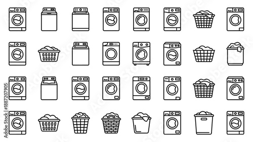 Vector Icon Set of Laundry Washing Machines and Baskets in Minimalist Outline Style. Grid of 32 Distinct Elements Featuring Front Loaders, Top Loaders, and Clothing Bins for Graphic Design Projects.