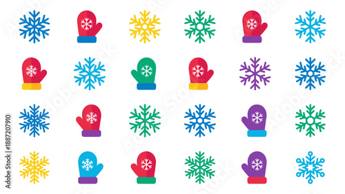 Vibrant Vector Icon Set of Winter Snowflakes and Mittens in a Colorful Flat Design Style; Collection of Seasonal Holiday Elements Arranged in a Grid on a White Background for Web and Graphics