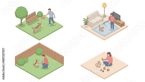 Isometric Vector Illustration Set of People Interacting with Pets: Man Playing Frisbee with Dog, Woman with Cat in Living Room, Man Training Puppy in Yard, and Woman Playing with Pet Rabbit.