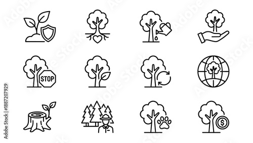 Vector set of 12 minimalist line art icons for forest conservation, ecology, and environmental protection, featuring tree planting, reforestation, sustainability symbols, and nature care graphic