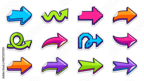Set of 12 Vibrant Vector Arrow Icons in a Stylish Sticker Design for Web Interface Navigation. Features Colorful, Unique Shapes Including Pixelated, Wavy, Curved, and Straight Arrows in a Neat Grid.