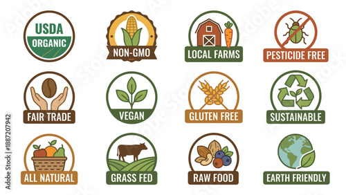 Set of 12 Organic Food Label Badges: USDA Organic, Non-GMO, Local Farms, Pesticide Free, Fair Trade, Vegan, Gluten Free, Sustainable, All Natural, Grass Fed, Raw Food, and Earth Friendly Icons.
