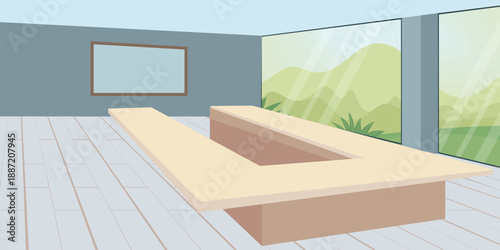 Modern meeting room interior vector illustration featuring large table, minimalist furniture, and panoramic window with nature view. Ideal for business meeting, conference, banquet, or corporate inter