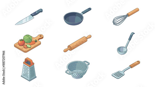 Isometric Kitchen Utensil Icon Set Featuring Knife, Frying Pan, Whisk, Cutting Board with Vegetables, Rolling Pin, Ladle, Grater, Colander, and Spatula for Cooking, Food Prep, and Culinary Design.