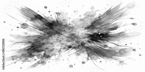 Black ink splat and grunge splatter vector illustration featuring a dirty paint splash pattern with liquid drip stains and brush blot elements on a textured spray background