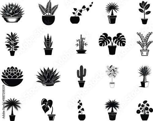 Collection of various potted plants and cacti in black silhouette