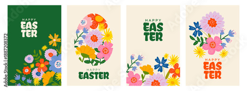 Cute Easter vertical banners set with colorful spring flowers in playful folk art style. Festive floral vector designs perfect for holiday posters, greeting cards and seasonal promotions.