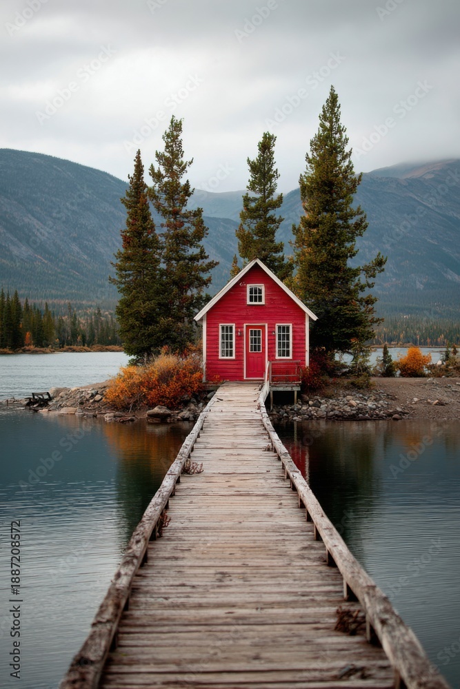Fototapeta premium A charming red house is nestled on a wooden pier, surrounded by lush trees and majestic mountains, all next to a tranquil lake in the beauty of autumn