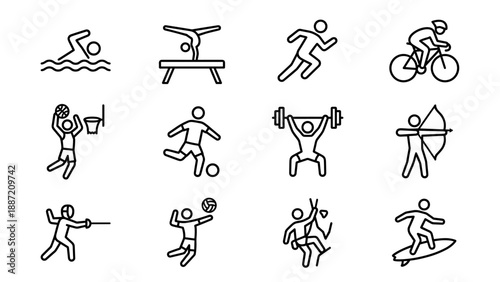 Set of 12 minimalist Olympic sport and athlete line icons in a clean vector style with uniform stroke width, featuring swimming, gymnastics, running, cycling, basketball, soccer, and archery.