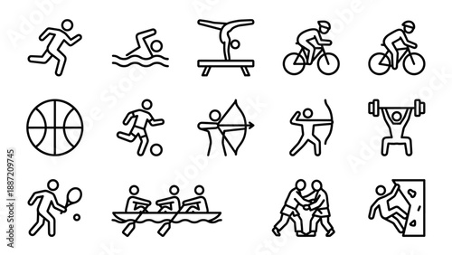 Set of 12 Minimalist Olympic Sport and Athlete Line Icons Featuring Running, Swimming, Gymnastics, Cycling, Basketball, Soccer, Archery, Weightlifting, Tennis, Rowing, Wrestling, and Climbing
