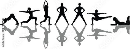 Collection of silhouettes of people performing various yoga poses and stretching exercises on reflective floor